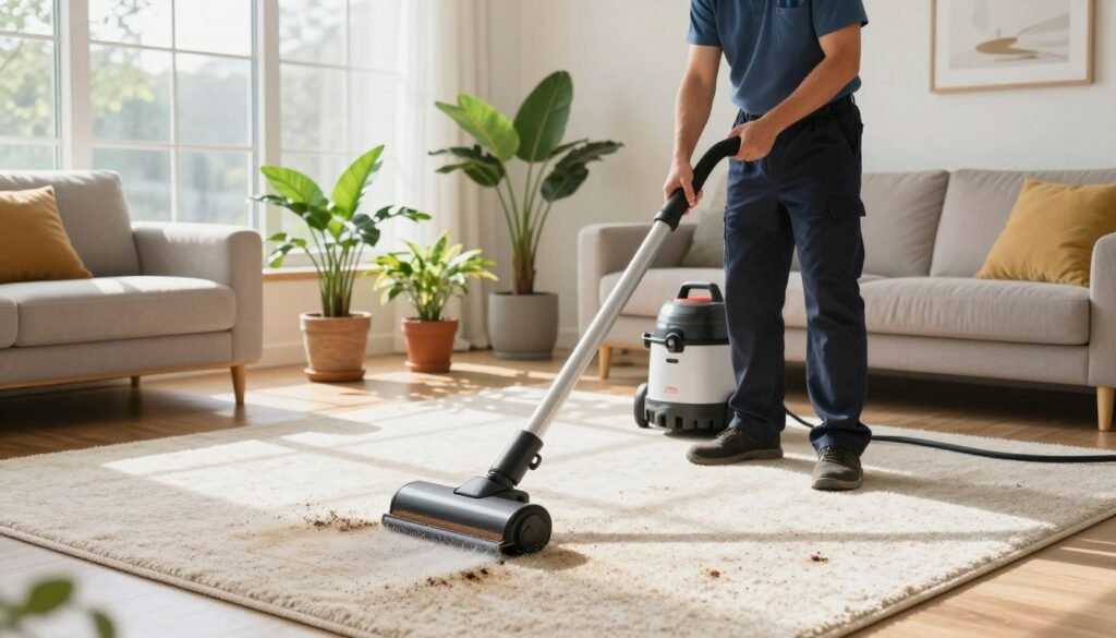 A bright and inviting living room showcasing an immaculate carpet being professionally cleaned by a technician from Lake Geneva Carpet Cleaning. In the foreground, the technician, dressed in smart business attire, expertly uses a carpet cleaning machine, focusing on a section of the carpet with visible dirt and allergens. In the middle, vibrant plants are placed in pots, symbolizing a fresh, allergy-free environment. Sunlight streams through large windows, casting warm light across the room and highlighting the cleanliness of the space. In the background, soft furnishings are arranged harmoniously, creating a cozy and healthy atmosphere. The overall mood is calm and refreshing, reflecting the benefits of professional carpet cleaning for allergy relief. A bright and inviting living room showcasing an immaculate carpet being professionally cleaned by a technician from Lake Geneva Carpet Cleaning. In the foreground, the technician, dressed in smart business attire, expertly uses a carpet cleaning machine, focusing on a section of the carpet with visible dirt and allergens. In the middle, vibrant plants are placed in pots, symbolizing a fresh, allergy-free environment. Sunlight streams through large windows, casting warm light across the room and highlighting the cleanliness of the space. In the background, soft furnishings are arranged harmoniously, creating a cozy and healthy atmosphere. The overall mood is calm and refreshing, reflecting the benefits of professional carpet cleaning for allergy relief.