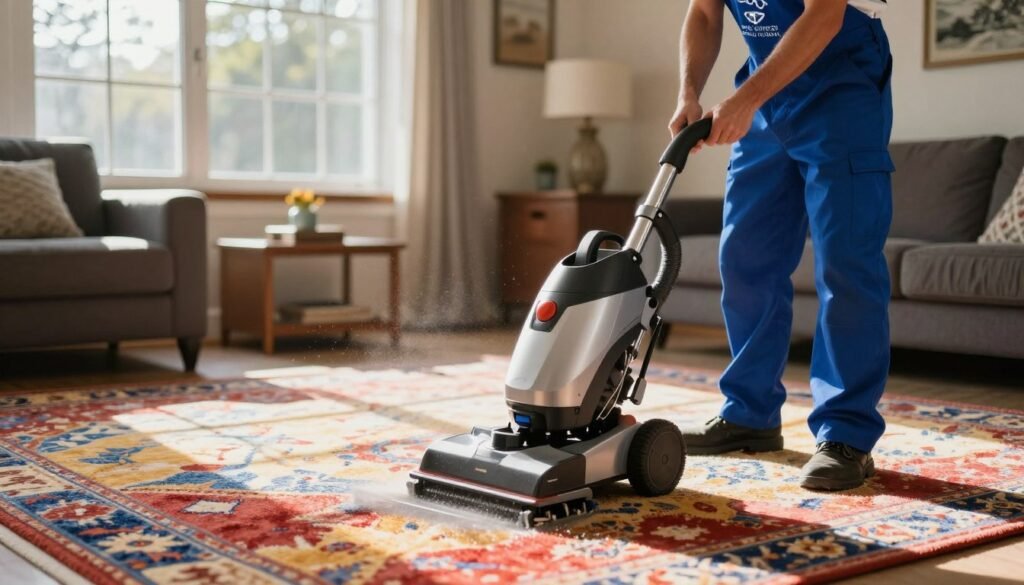 A professional carpet cleaning scene featuring a skilled technician from Lake Geneva Carpet Cleaning. In the foreground, the technician, dressed in smart blue overalls and a logo-emblazoned shirt, is using a modern carpet cleaning machine, showcasing its advanced features. The middle ground displays a vibrant, freshly cleaned carpet with clear, vivid patterns contrasting against the dark furniture typically found in a cozy living room setting. In the background, sunlight filters through a large window, casting warm, inviting light and illuminating dust particles, enhancing the sense of cleanliness. The atmosphere should evoke a sense of professionalism and tranquility, highlighting the economic benefits of maintaining pristine carpets. The lens used provides a shallow depth of field, focusing on the technician while softly blurring the background.