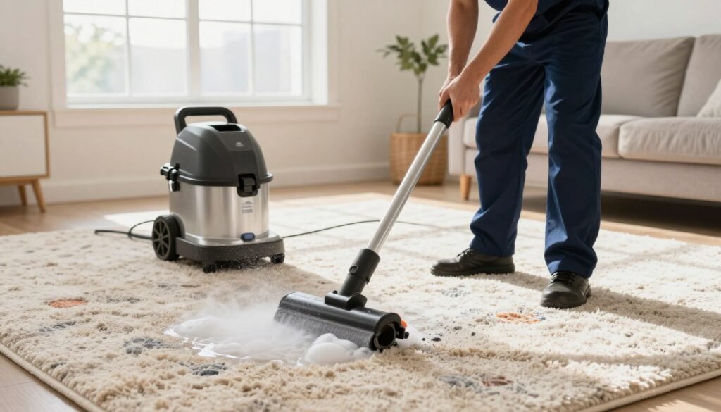 A professional carpet cleaning scene featuring a technician from Lake Geneva Carpet Cleaning in a bright, clean living room. The foreground shows the technician in a navy blue uniform, confidently operating an industrial carpet cleaning machine, with water and soap bubbles highlighting the cleaning process. The middle ground includes a freshly cleaned, plush carpet that appears inviting and sanitary, showcasing rich textures and colors. In the background, a sunlit window lets in warm natural light, enhancing the atmosphere of cleanliness and comfort. The overall mood is fresh and rejuvenating, emphasizing the importance of professional carpet sanitization for improved air quality and allergy relief. The camera angle is slightly elevated, capturing both the technician’s focused expression and the sparkling carpet transformation. A professional carpet cleaning scene featuring a technician from Lake Geneva Carpet Cleaning in a bright, clean living room. The foreground shows the technician in a navy blue uniform, confidently operating an industrial carpet cleaning machine, with water and soap bubbles highlighting the cleaning process. The middle ground includes a freshly cleaned, plush carpet that appears inviting and sanitary, showcasing rich textures and colors. In the background, a sunlit window lets in warm natural light, enhancing the atmosphere of cleanliness and comfort. The overall mood is fresh and rejuvenating, emphasizing the importance of professional carpet sanitization for improved air quality and allergy relief. The camera angle is slightly elevated, capturing both the technician’s focused expression and the sparkling carpet transformation.