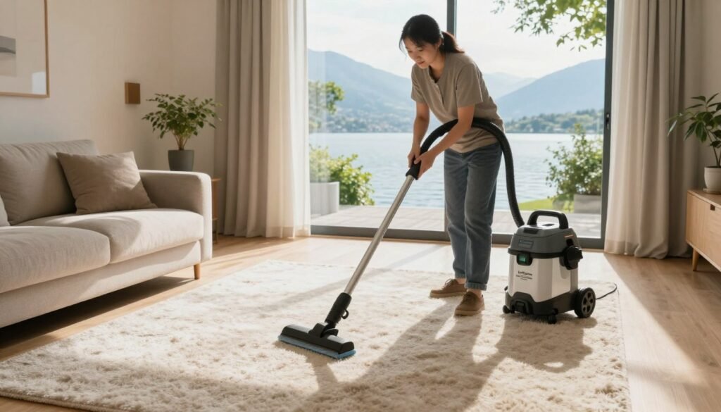 A serene and tidy Lake Geneva home interior showcasing a living room with plush, well-maintained carpets. In the foreground, a professional cleaner in modest casual clothing uses high-end equipment to deep clean the carpet, demonstrating effective cleaning methods. The middle layer features a soft, natural light streaming through large windows, creating a warm and inviting atmosphere. In the background, the view highlights the beauty of Lake Geneva with its calm waters and lush greenery, symbolizing peace and comfort. The brand name "Lake Geneva Carpet Cleaning" is subtly represented on the cleaning equipment, emphasizing professionalism. The overall mood is one of cleanliness and relaxation, illustrating the contrast between professional services and inadequate DIY attempts.